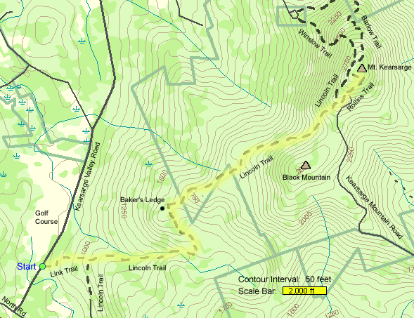 Map of hike route to Mt. Kearsarge (map by Webmaster)