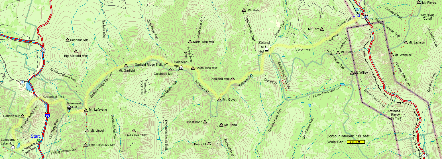 Trail map of hike route on 5-day backpack to Cannon, Lafayette, Garfield and beyond (map by Webmaster)