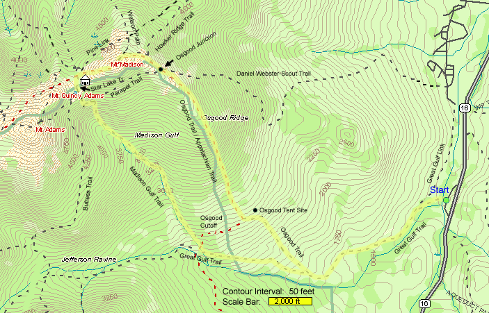 Map of hike route to Mt. Madison (map by Webmaster)