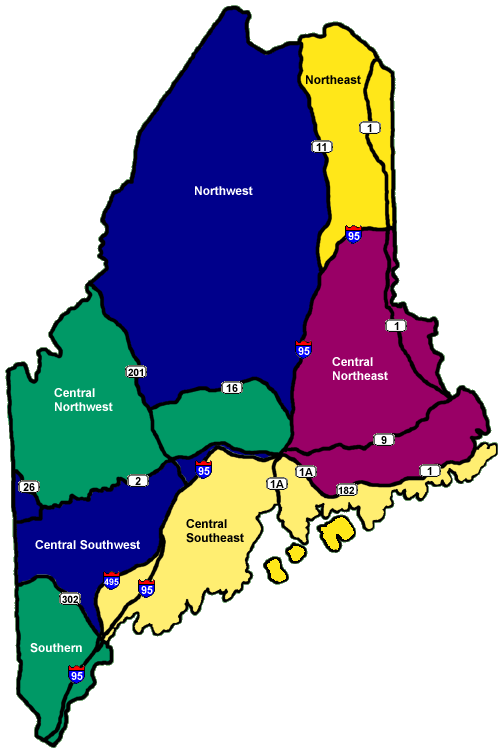 Map of Maine regions and highways (map by Webmaster)