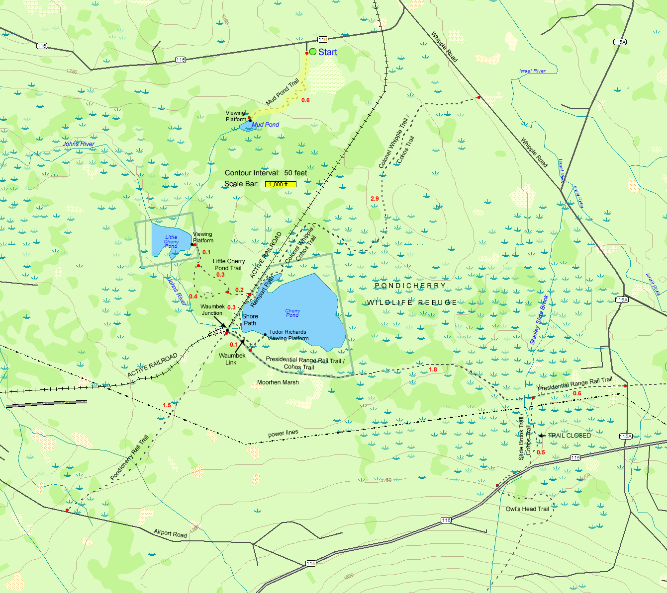 Trail map of hike route to Mud Pond at Pondicherry Wildlife Refuge (map by Webmaster)