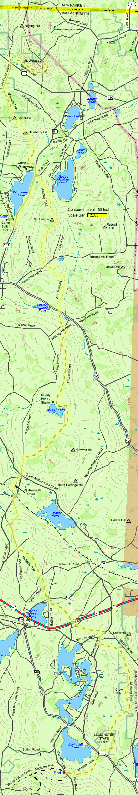 Map of hike route on the Midstate Trail from Mt. Watatic to Wachusett Mtn. (map by Webmaster)