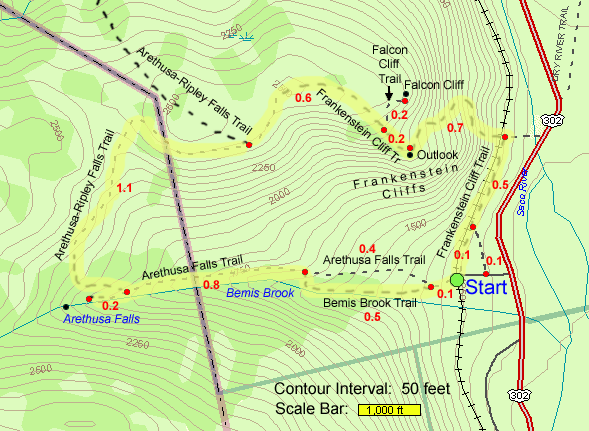 Trail map of hike route to Arethusa Falls and Frankenstein Cliffs (map by Webmaster)