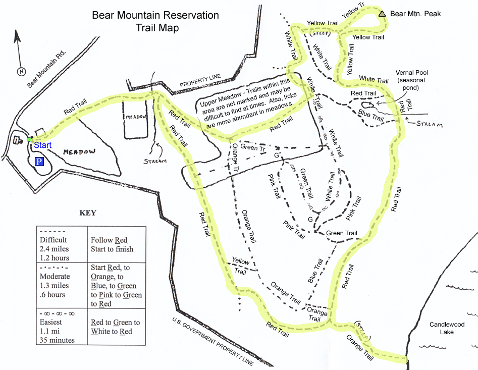 Map of hike route at Bear Mountain Reservation (map courtesy of Danbury Recreation Department)