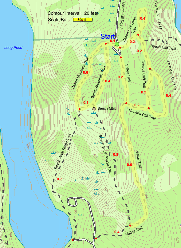 Trail map of hike route to Beech Mtn., Beech Cliff, Canada Cliffs, and Valley Trail at Acadia National Park (map by Webmaster)