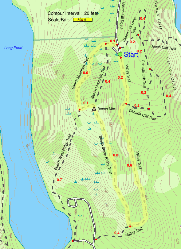 Trail map of hike route to Beech Mtn. at Acadia National Park (map by Webmaster)
