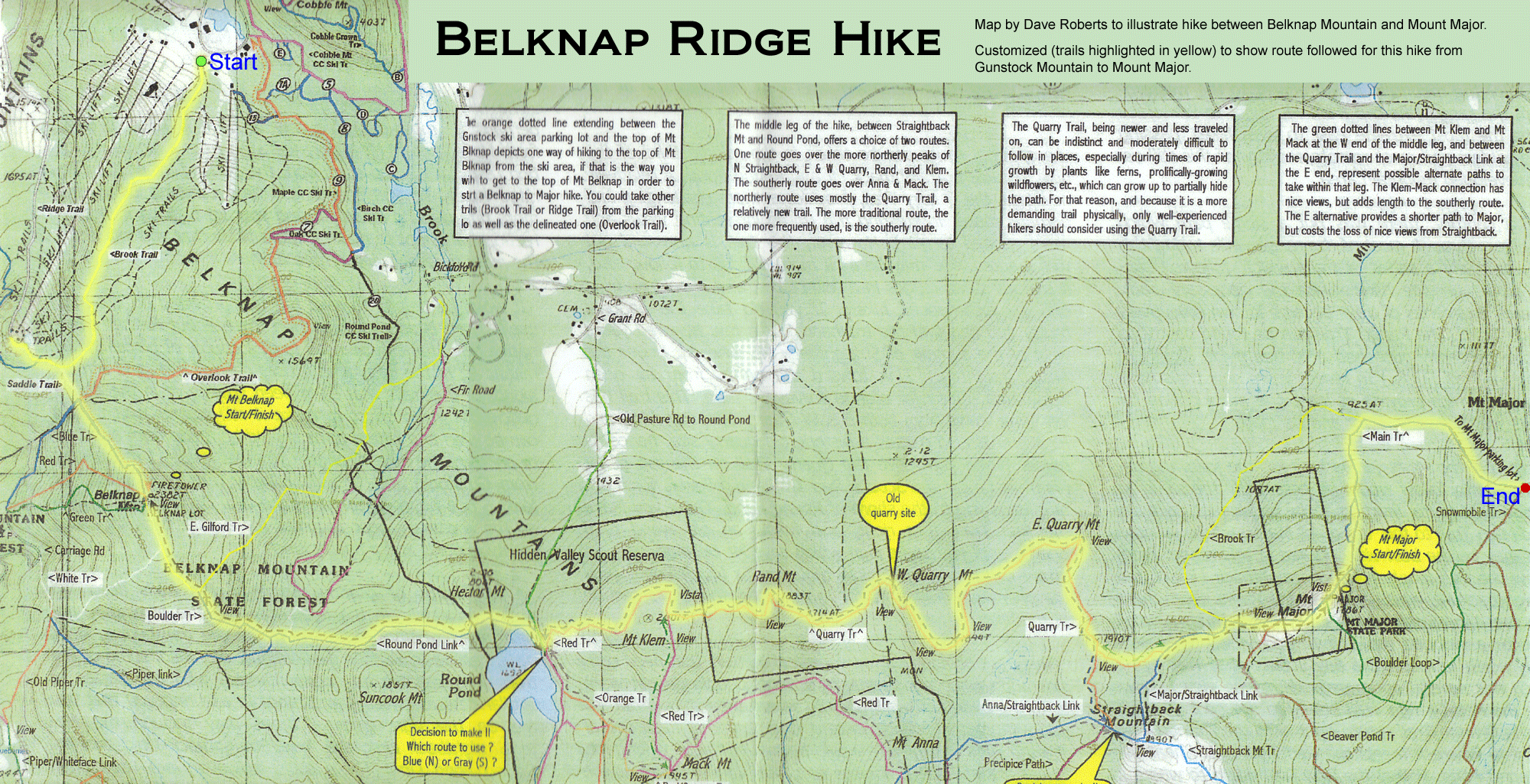 Trail map of hike route on Belknap Ridge from Gunstock Mountain to Mount Major (map by Dave Roberts)