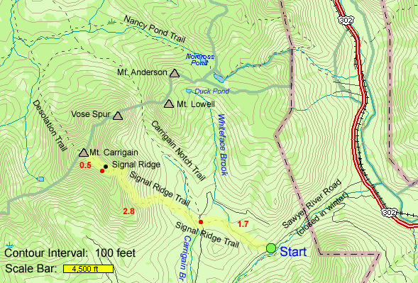 Map of hike route to Mt. Carrigain (map by Webmaster)