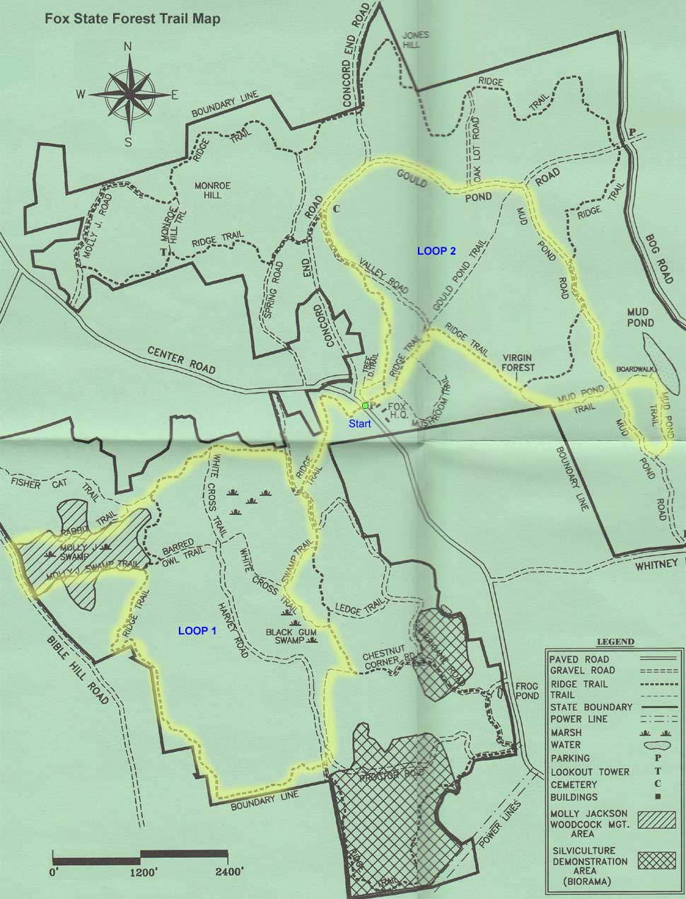 Trail map of hike route at Fox State Forest (map courtesy of State of New Hampshire Division of Forests and Lands)