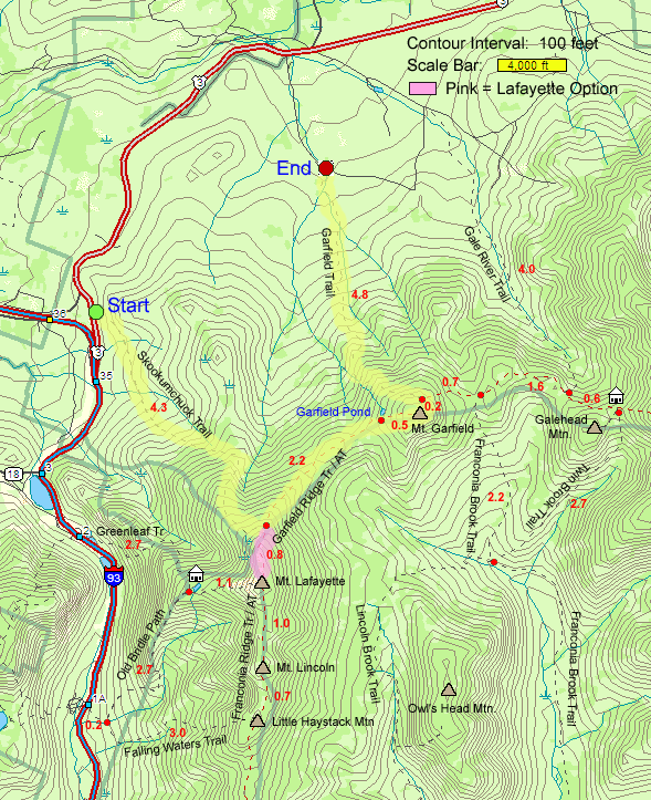 Trail map of hike route to Mt. Lafayette, Garfield Pond, and Mt. Garfield (map by Webmaster)