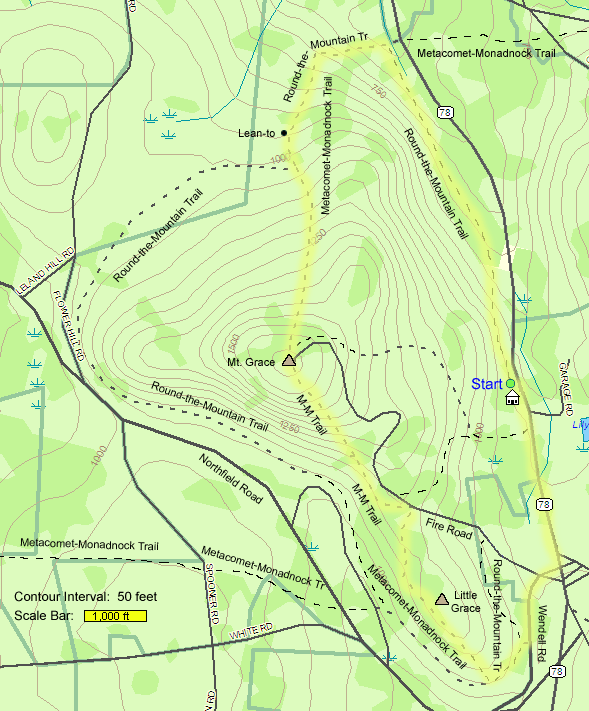 Trail map of hike route to Mount Grace and Little Grace (map by Webmaster)