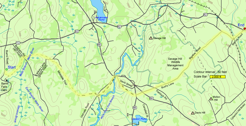 Trail map of hike route on the Midstate Trail from Barre, MA to Princeton MA (map by Webmaster)