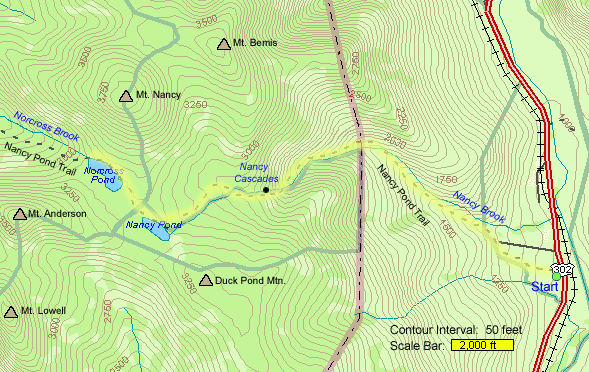 Map of hike route to Nancy Cascades, Nancy Pond, and Norcross Pond (map by Webmaster)