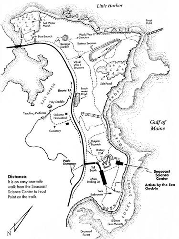 Trail map of hiking trails and features of Odiorne Point State Park (map courtesy of Odiorne Point State Park)