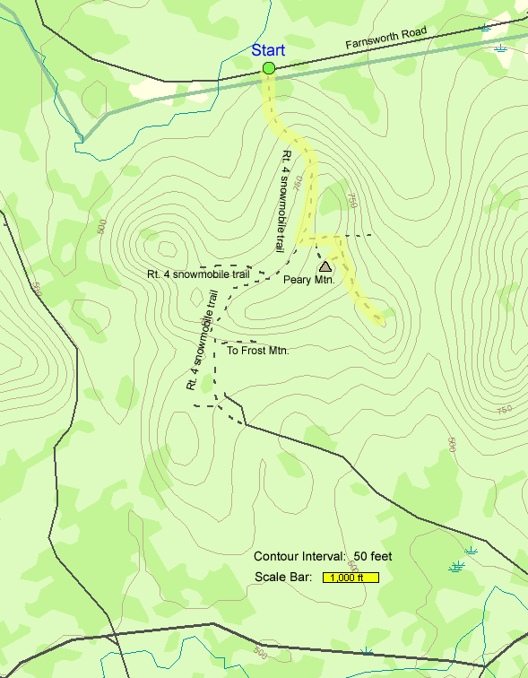 Trail map of hike route to Peary Mtn. in Brownfield, Maine (map by Webmaster)