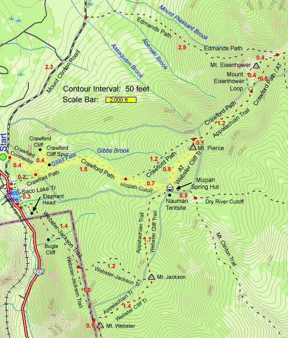 Trail map of hike route to Mt. Pierce and Mizpah Spring Hut / Nauman Tentsite (map by Webmaster)