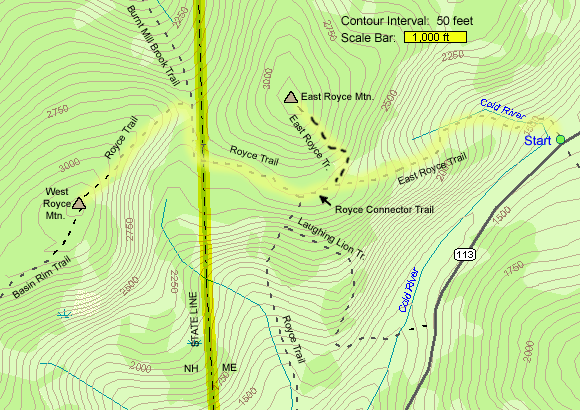 Map of hike route on East Royce and West Royce Mountains (map by Webmaster)