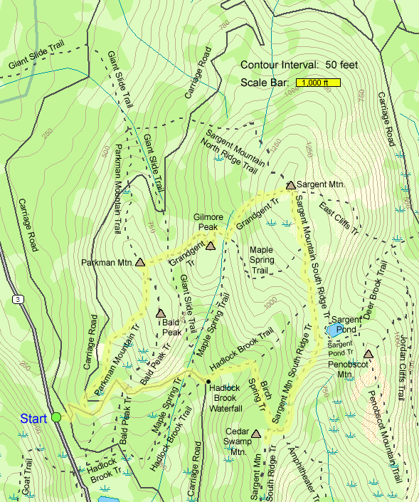 Trail map of hike route to Sargent Mtn., Parkman Mtn., Gilmore Peak, and Cedar Swamp Mtn. in Acadia National Park (map by Webmaster)
