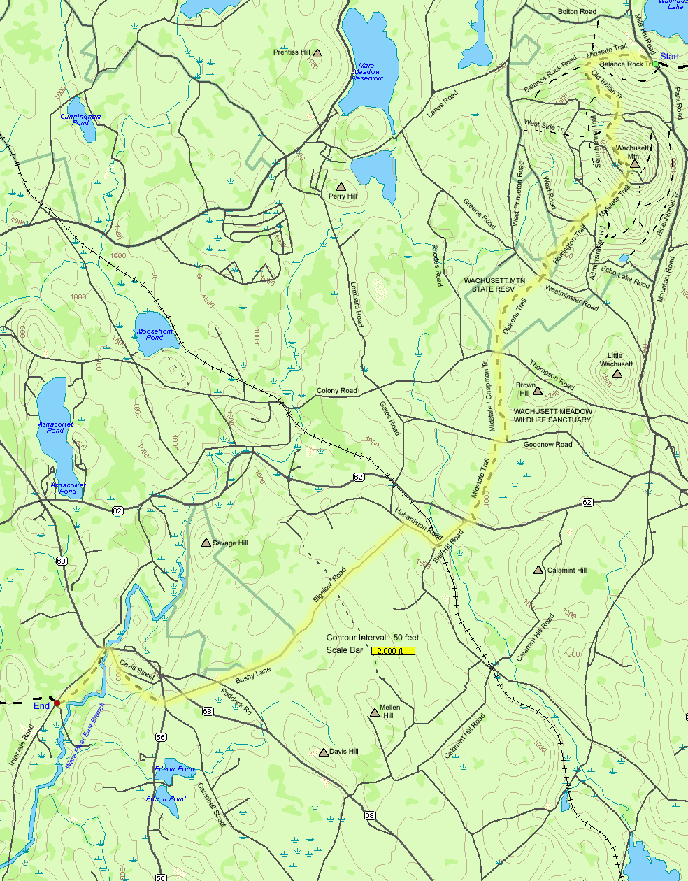 Map of hike route on the Midstate Trail from Mt. Wachusett to Rutland (map by Webmaster)