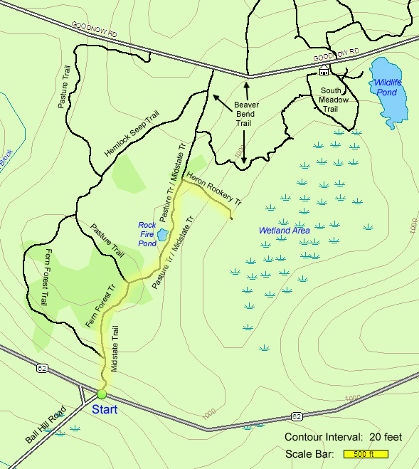Trail map of hike route to Rock Fire Pond and Heron Rookery at Audubon's Wachusett Meadow Wildlife Sanctuary (map by Webmaster)