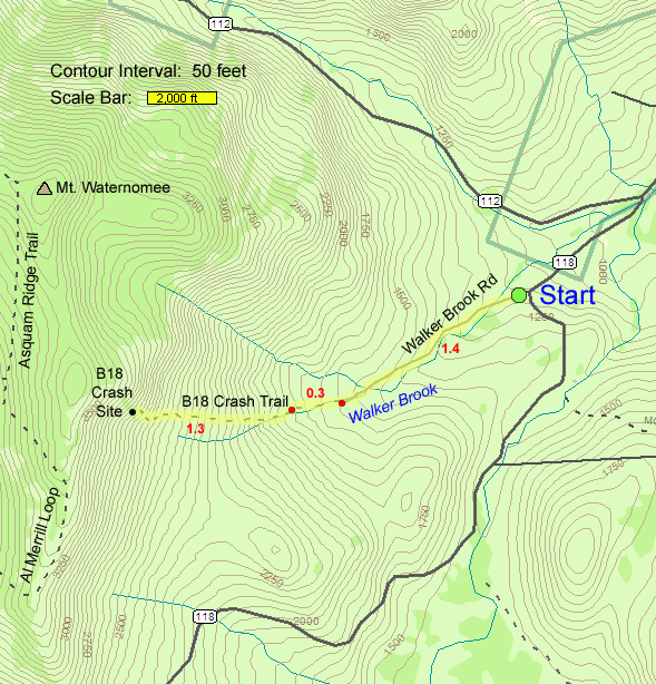 Map of hike route to the B18 Bomber crash site on Mt. Waternomee (map by Webmaster)