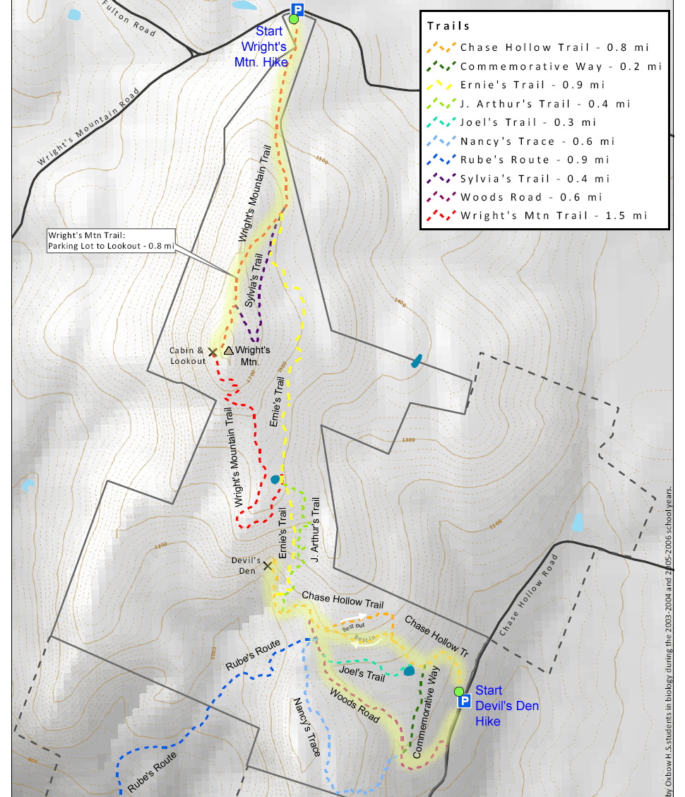 Trail map of hike route to Wright's Mtn. and Devil's Den (map courtesy of Upper Valley Land Trust)